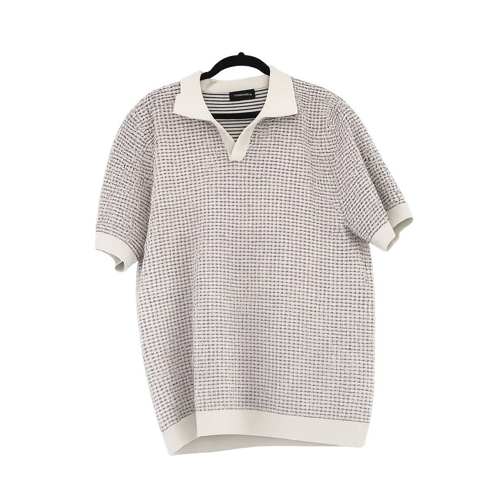 Elie Tahari Knit Polo Sweater Mens L White Navy Blue Geometric Short Slv